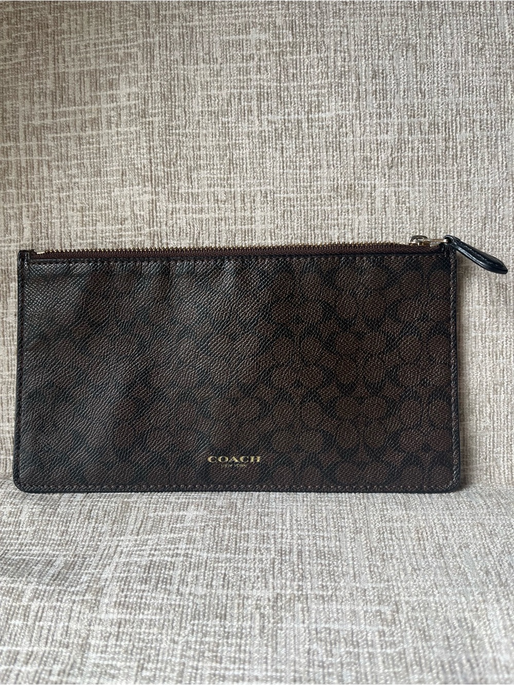 Coach Signature Brown Black Zip Pouch Clutch Gold Tone Hardware